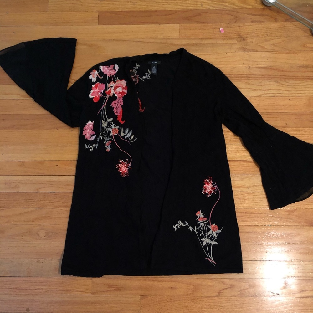 Black Open Front Embroidered Long Cardigan